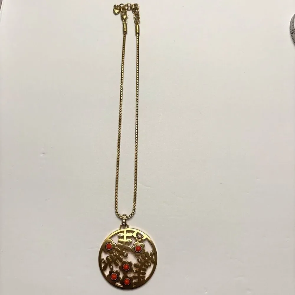 Brighton “Francesca” Brushed Gold Necklace Gold Coral Red Round Pendant Chain